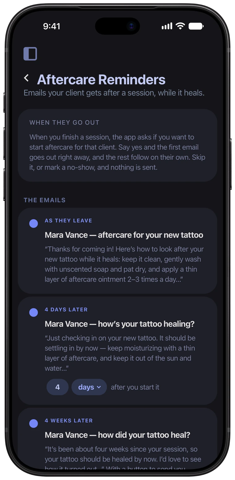 Aftercare Reminders in the Ink Bookie app: aftercare instructions, a check-in 4 days later and a healed-photo request 4 weeks later