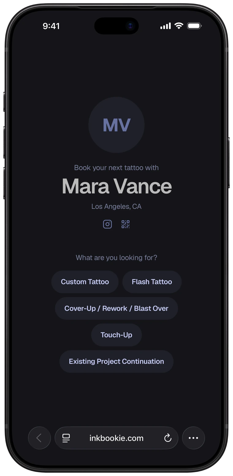 Mara Vance's booking page on a client's phone at inkbookie.com, with the five request types