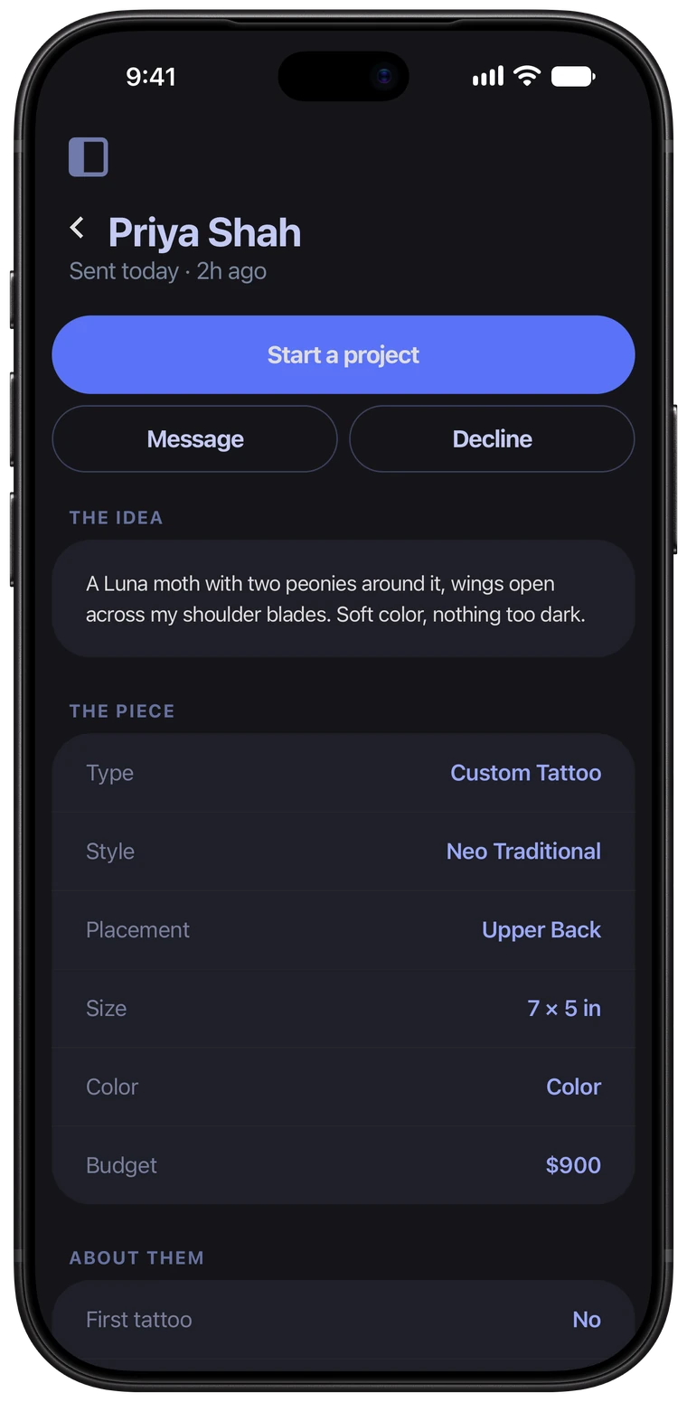 The same request in the Ink Bookie app, every answer in place