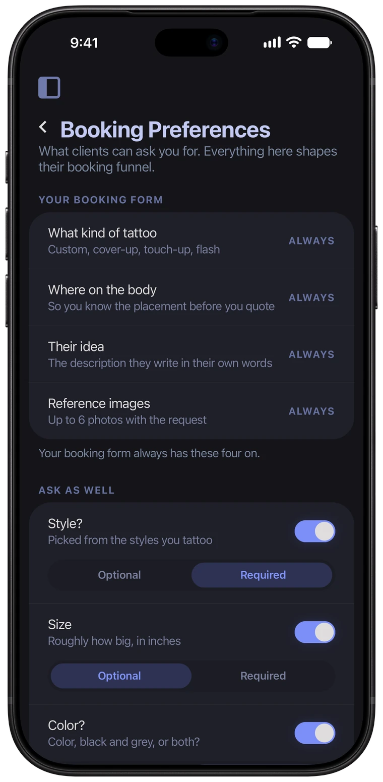 Booking Preferences in the Ink Bookie app: the questions the artist switches on or off