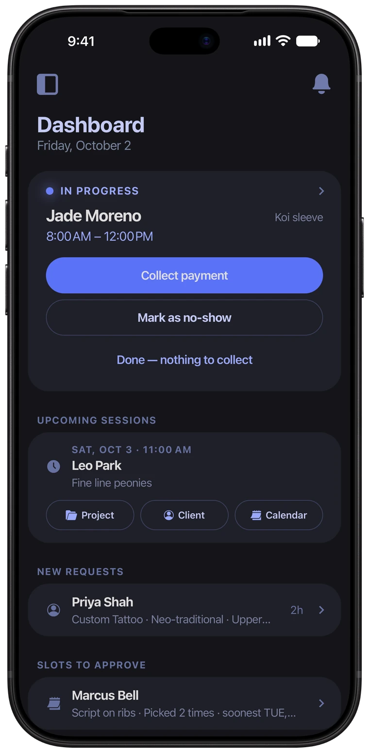 The Ink Bookie dashboard on iPhone: a session in progress, an upcoming session, a new request and times waiting for approval