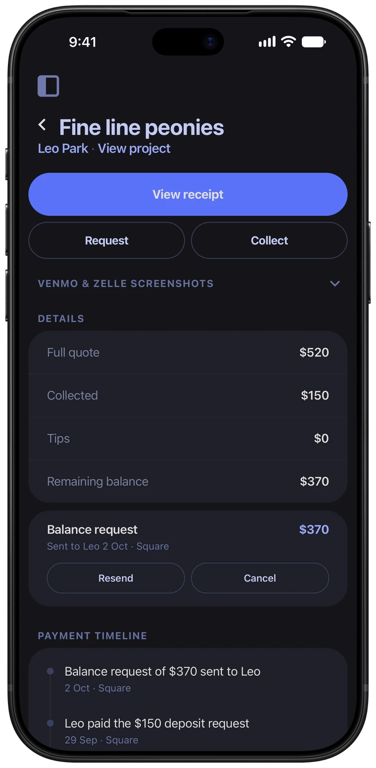 The Ink Bookie payment page for a project: a $520 quote, a $150 deposit collected and a $370 balance requested