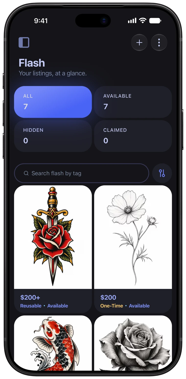 Flash in the Ink Bookie app: seven designs, all available, with prices