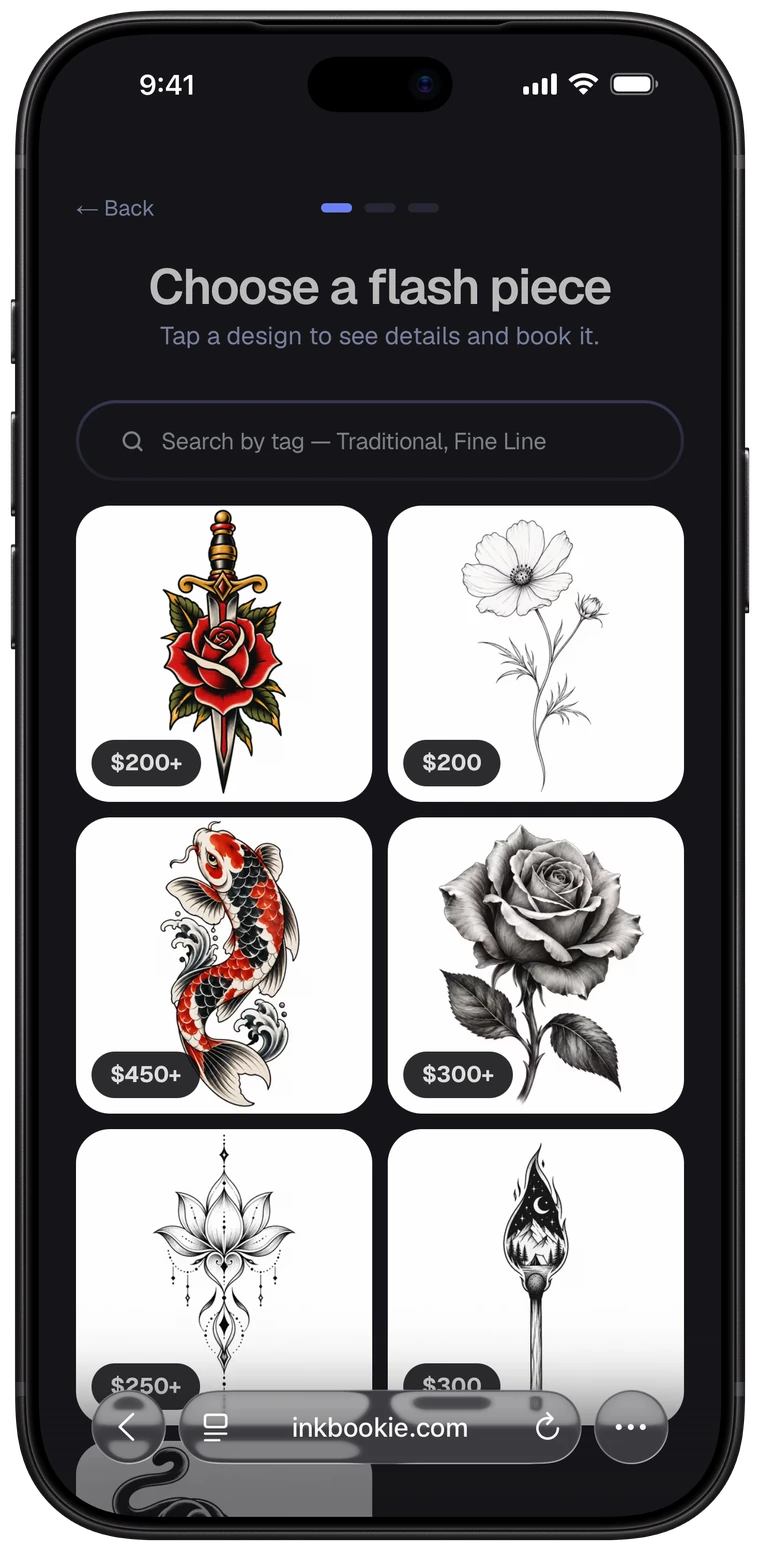 The client's flash gallery at inkbookie.com, seven designs with starting prices