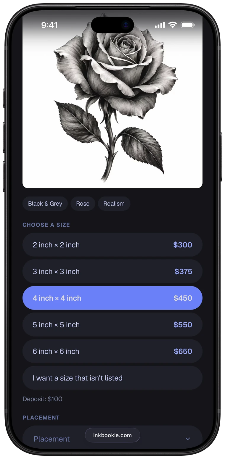 A client choosing a size for a black and grey rose, 4 by 4 inches for $450 selected
