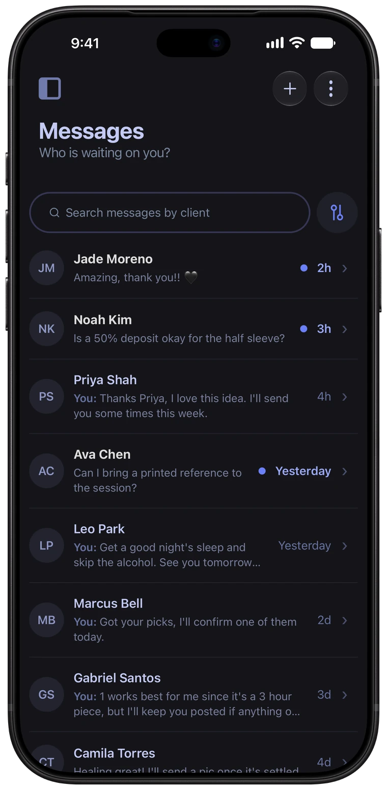 Messages in the Ink Bookie app: client email conversations, three unread