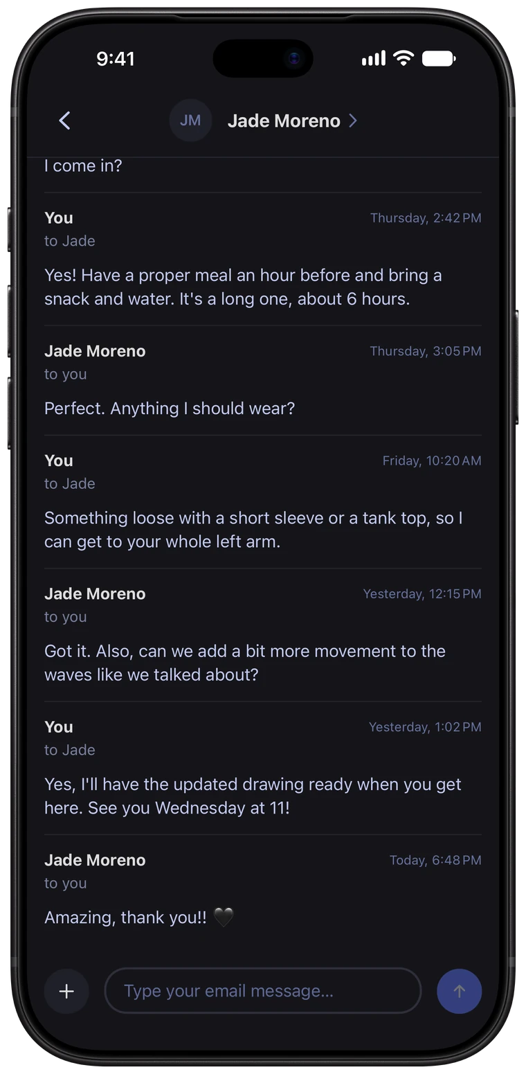 An email conversation with a client about her next session, in the Ink Bookie app