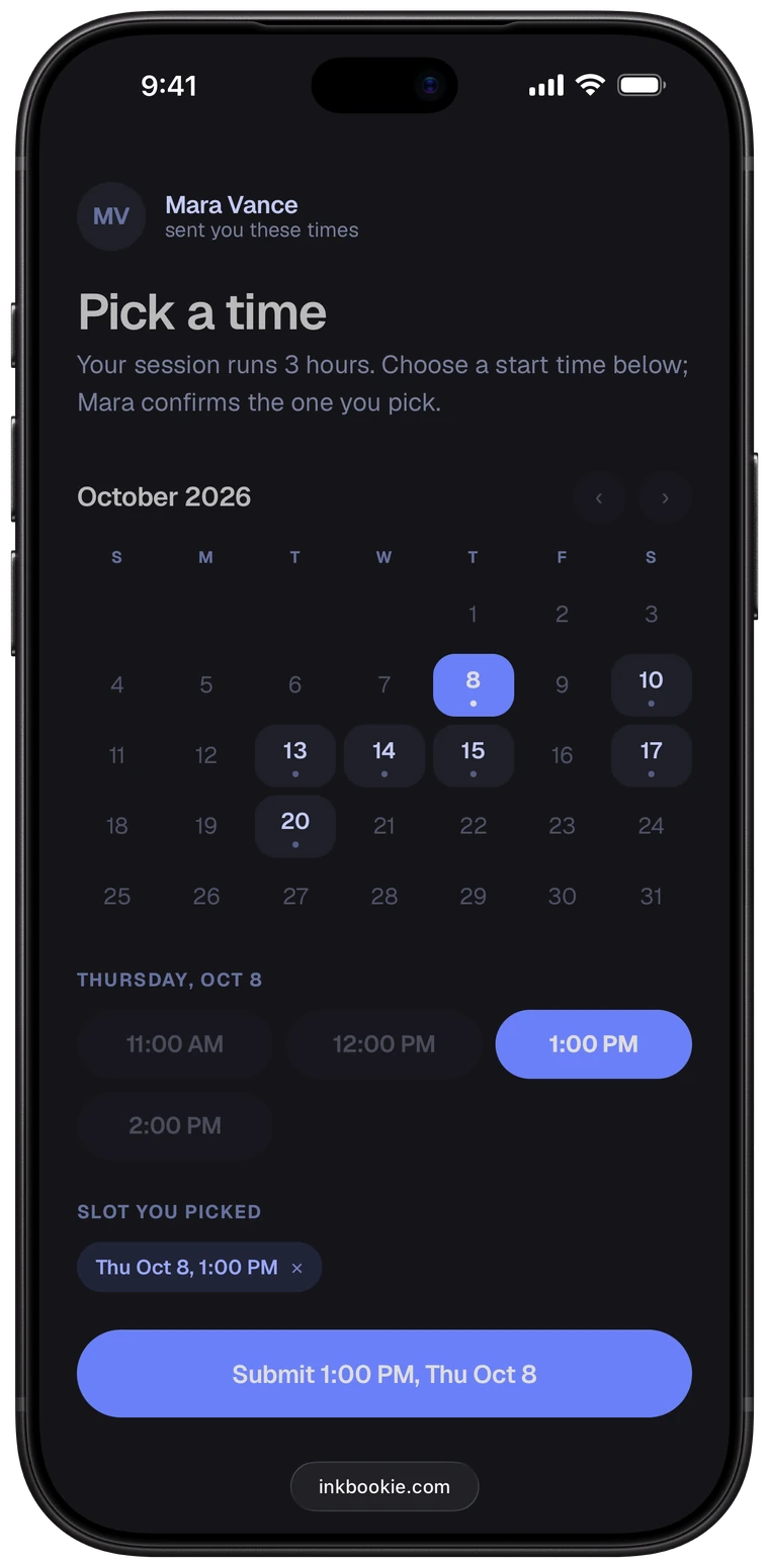 A client picking a time on their phone: Mara Vance's open days for October, Thursday Oct 8 at 1:00 PM selected