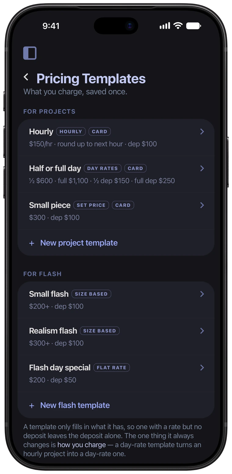 Pricing Templates in the Ink Bookie app: three project templates and three flash templates