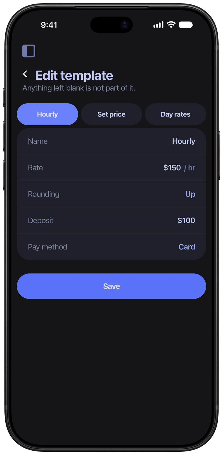 An hourly project template: $150 an hour, rounded up, $100 deposit by card