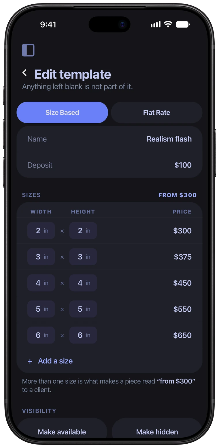 A flash template with five sizes, from $300 to $650, and a $100 deposit