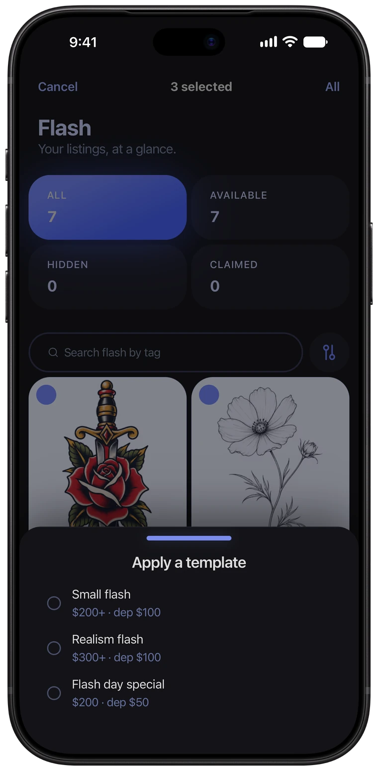 Three flash pieces selected, with the Apply a template menu open