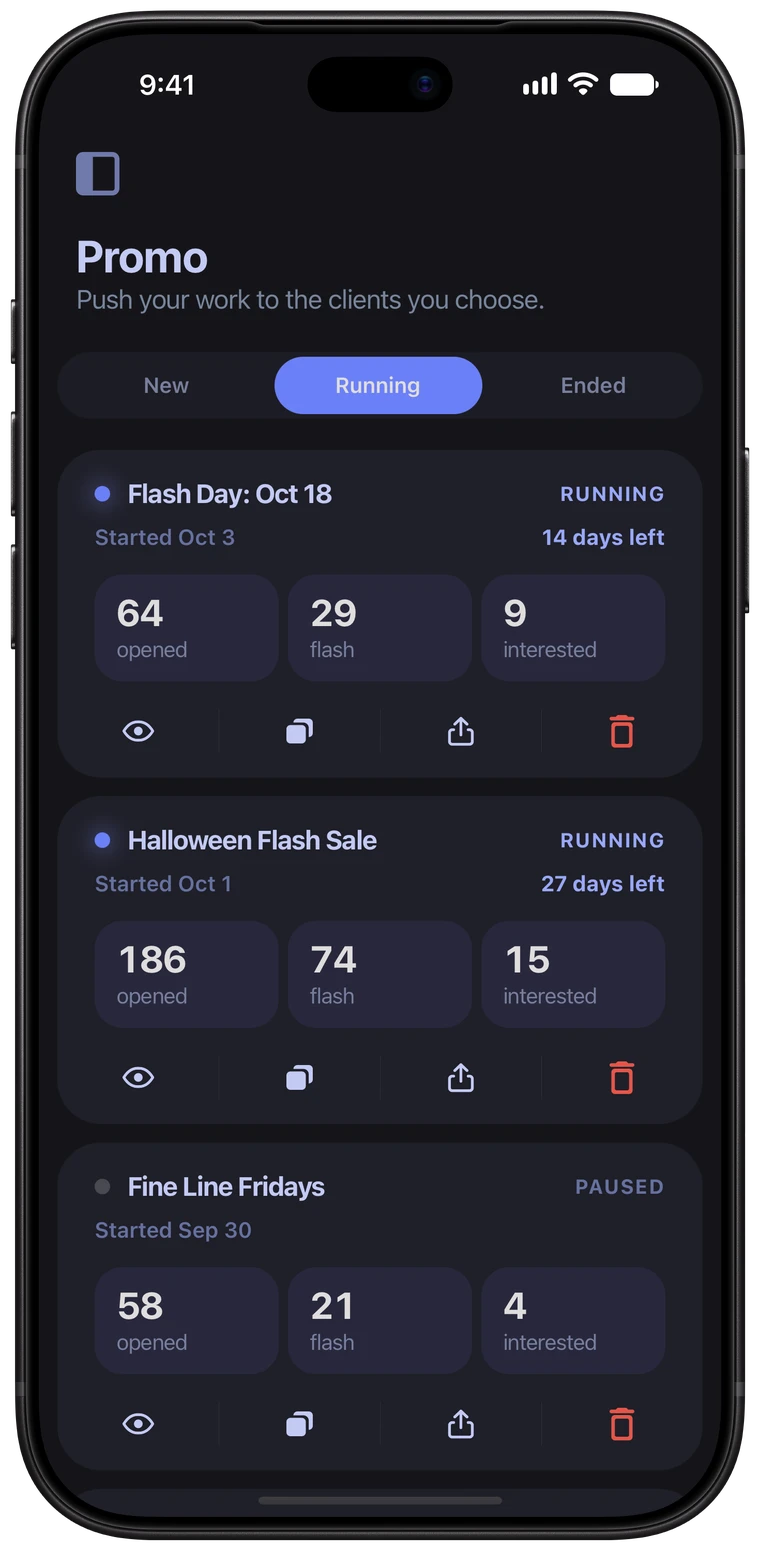 Promos in the Ink Bookie app: two running and one paused, with how many opened, tapped a flash piece and were interested