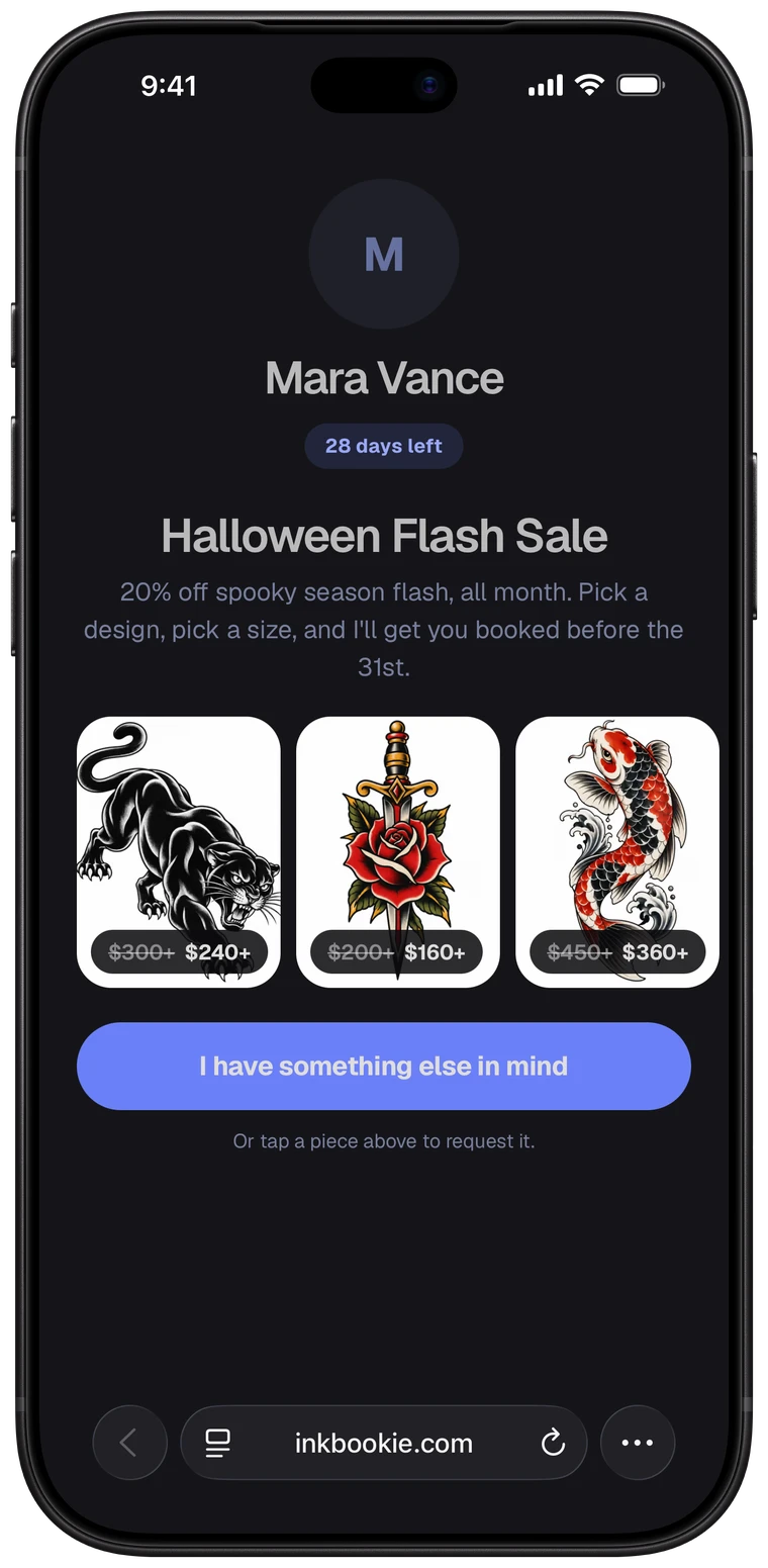 A client's view of a Halloween flash sale at inkbookie.com, with 20% off three designs