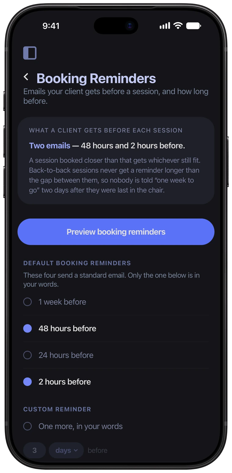 Booking Reminders in the Ink Bookie app: two emails, 48 hours and 2 hours before