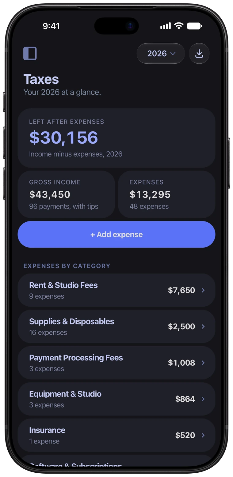 Taxes in the Ink Bookie app: $30,156 left after expenses, $43,450 gross income, $13,295 in expenses, totalled by category